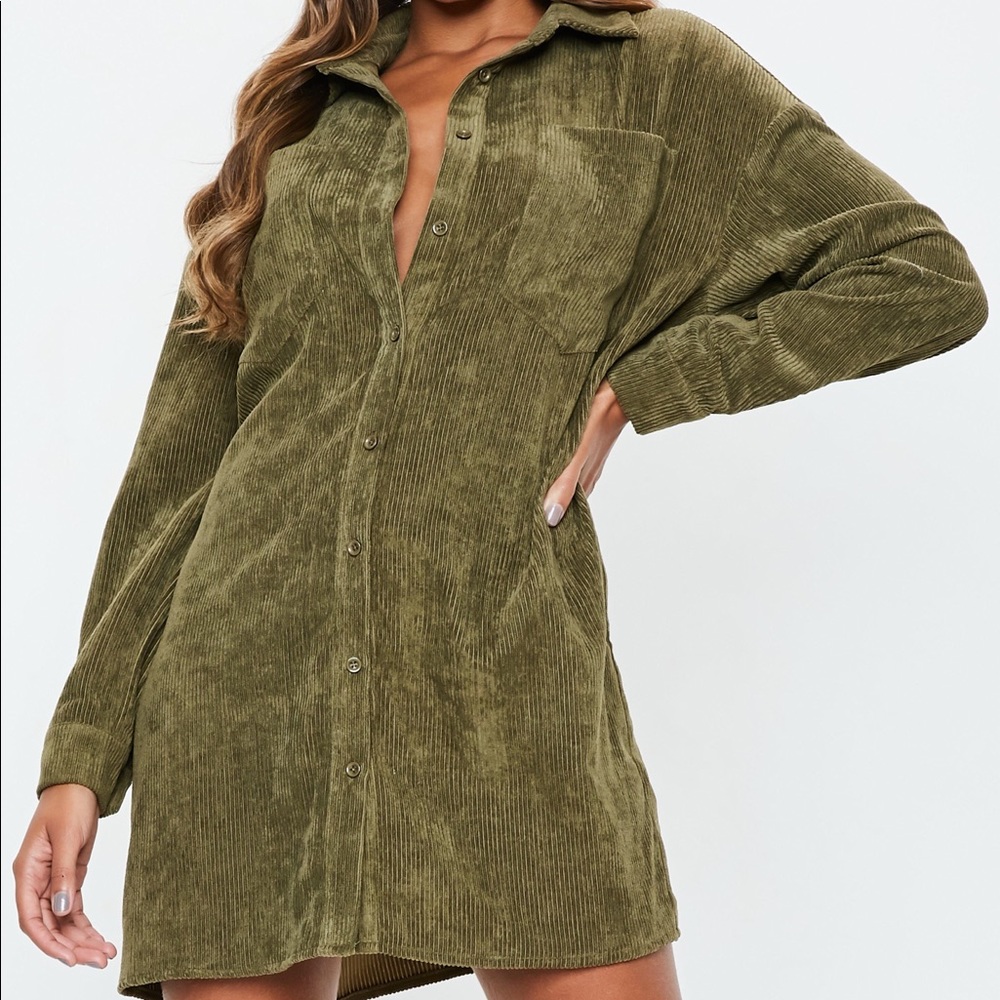 Khaki Oversized Cord Shirt Dress